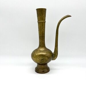 Etched Brass Vase Pitcher Coffee Vintage Floral Design Home Decor 10" Tall India